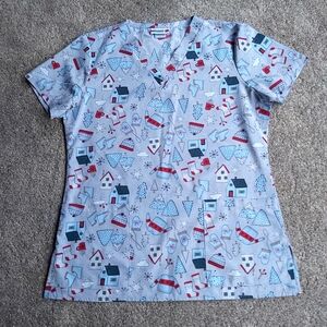 White Cross Winter Print Scrub Top